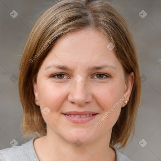 Joyful white young-adult female with medium  brown hair and blue eyes