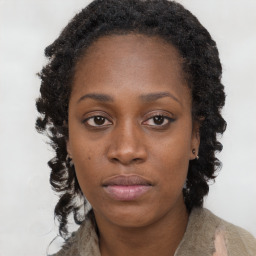 Neutral black young-adult female with long  brown hair and brown eyes