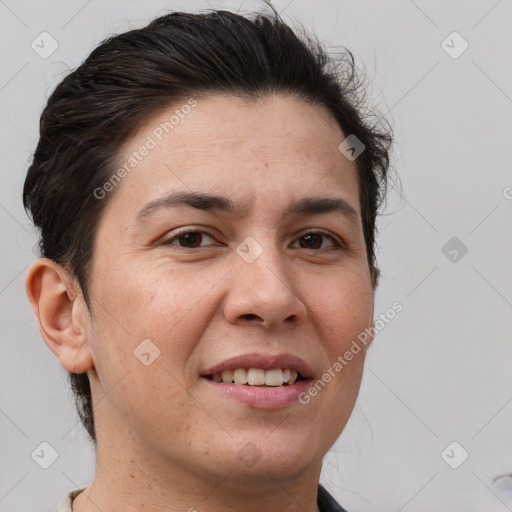 Joyful white young-adult female with short  brown hair and brown eyes