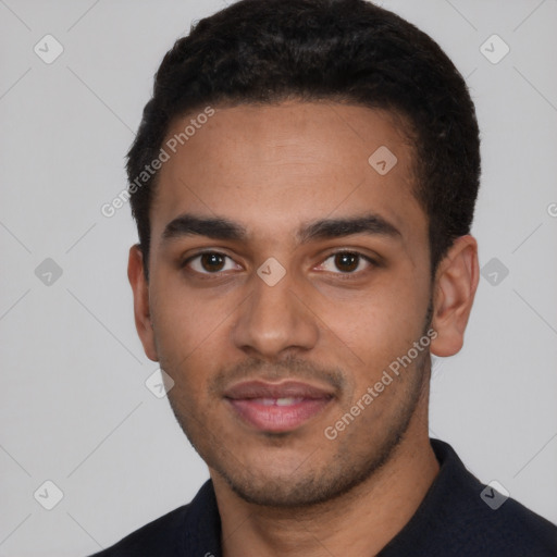 Neutral latino young-adult male with short  black hair and brown eyes