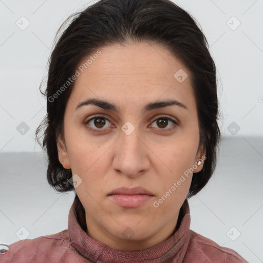 Neutral white young-adult female with medium  brown hair and brown eyes