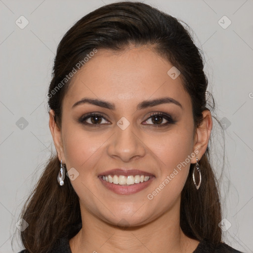 Joyful white young-adult female with long  brown hair and brown eyes