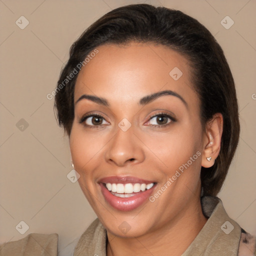 Joyful latino young-adult female with medium  black hair and brown eyes