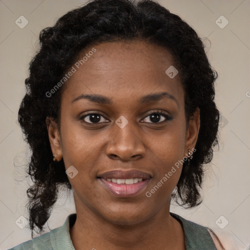 Joyful black young-adult female with medium  black hair and brown eyes