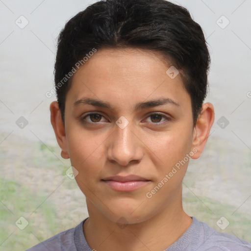 Joyful white young-adult female with short  brown hair and brown eyes