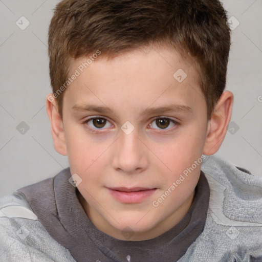 Joyful white child male with short  brown hair and brown eyes