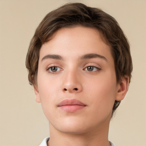 Neutral white young-adult female with short  brown hair and brown eyes