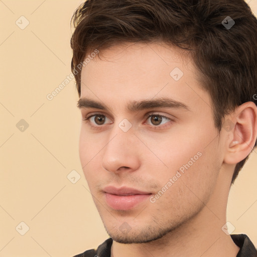 Neutral white young-adult male with short  brown hair and brown eyes