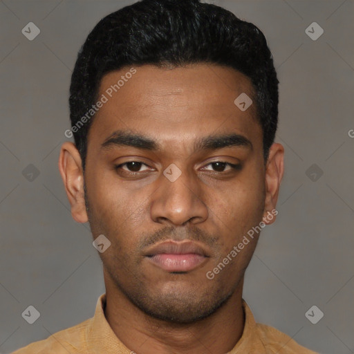 Neutral latino young-adult male with short  black hair and brown eyes