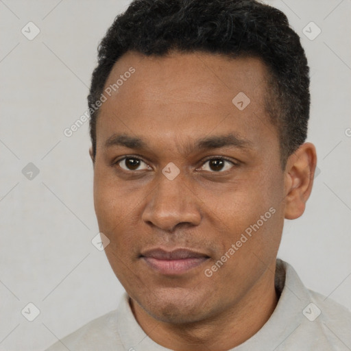 Joyful black young-adult male with short  brown hair and brown eyes