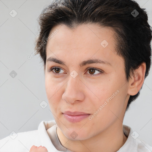 Joyful white young-adult female with medium  brown hair and brown eyes