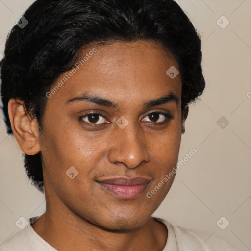 Joyful latino young-adult female with short  brown hair and brown eyes