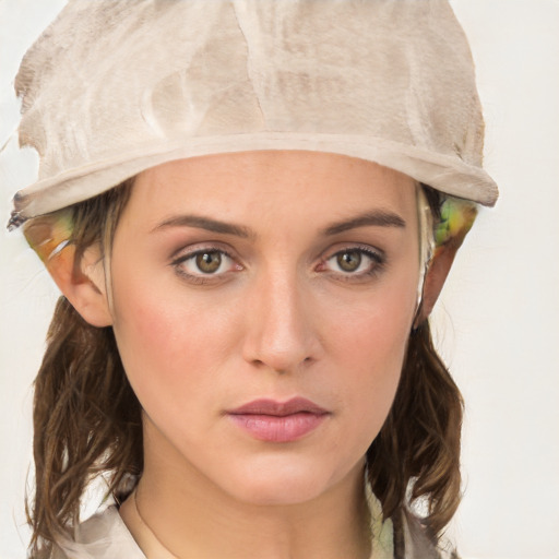 Neutral white young-adult female with medium  brown hair and grey eyes