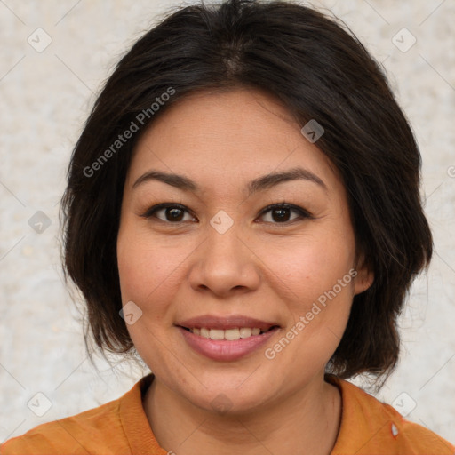 Joyful white young-adult female with medium  brown hair and brown eyes