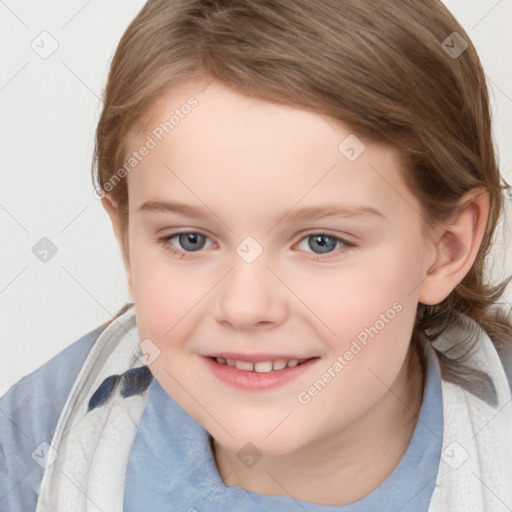 Joyful white child female with medium  brown hair and brown eyes