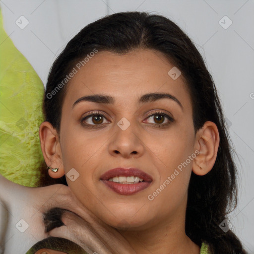 Joyful white young-adult female with long  brown hair and brown eyes