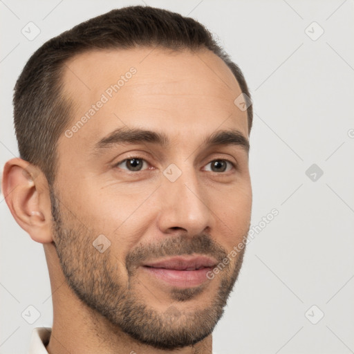 Joyful white young-adult male with short  brown hair and brown eyes