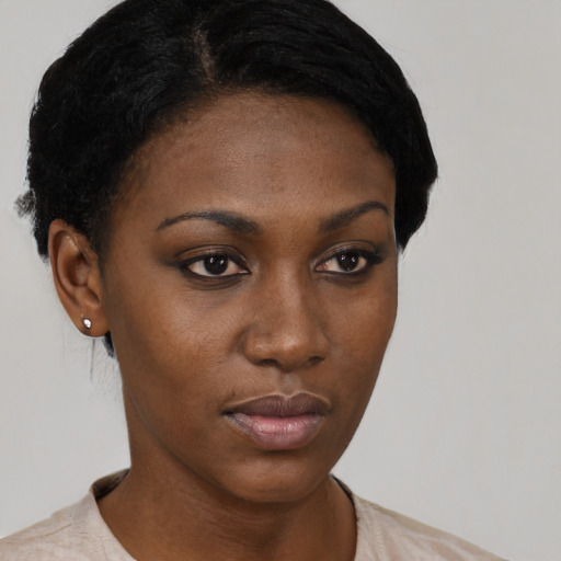 Neutral black young-adult female with short  black hair and brown eyes