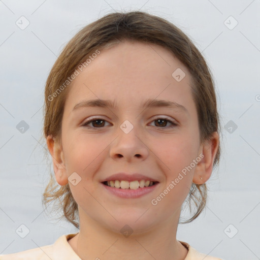 Joyful white child female with medium  brown hair and brown eyes