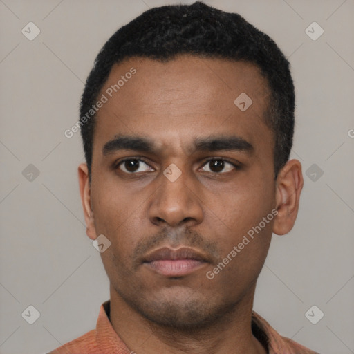 Neutral latino young-adult male with short  black hair and brown eyes