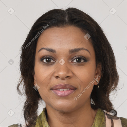 Joyful black young-adult female with medium  brown hair and brown eyes