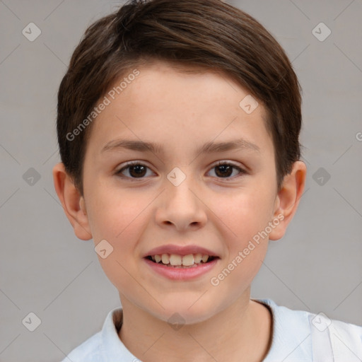 Joyful white child female with short  brown hair and brown eyes