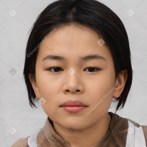 Neutral asian young-adult female with medium  brown hair and brown eyes