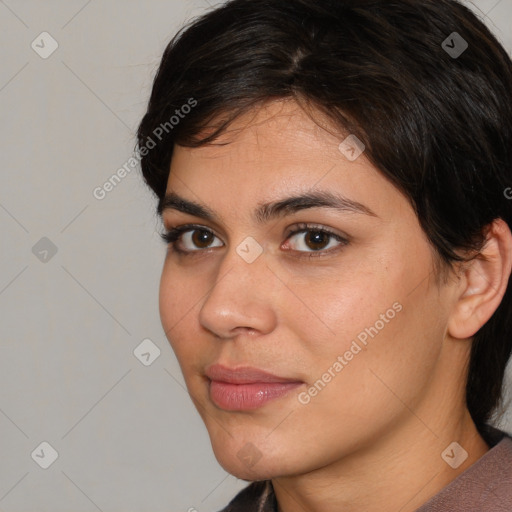 Neutral white young-adult female with medium  brown hair and brown eyes