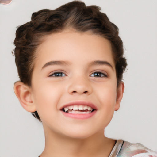 Joyful white child female with short  brown hair and brown eyes