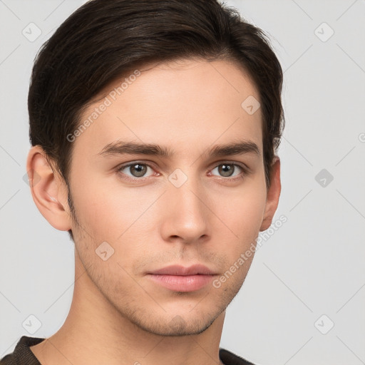 Neutral white young-adult male with short  brown hair and brown eyes