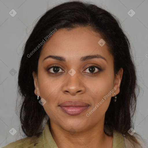 Joyful latino young-adult female with medium  brown hair and brown eyes