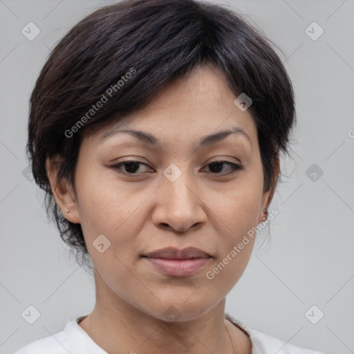 Joyful asian adult female with medium  brown hair and brown eyes