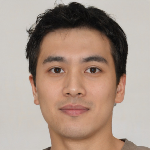 Neutral asian young-adult male with short  black hair and brown eyes