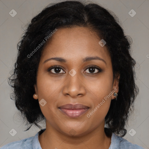 Joyful black young-adult female with medium  brown hair and brown eyes