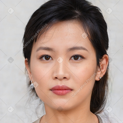 Neutral asian young-adult female with medium  brown hair and brown eyes