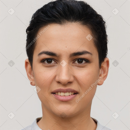 Joyful latino young-adult female with short  brown hair and brown eyes