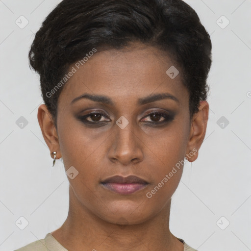 Neutral black young-adult female with short  brown hair and brown eyes