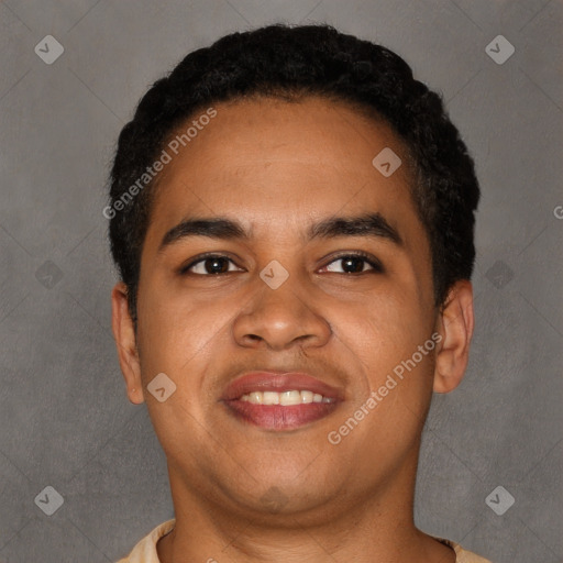 Joyful latino young-adult male with short  brown hair and brown eyes