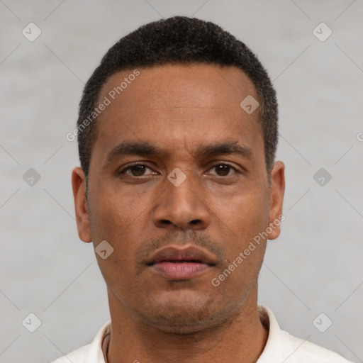 Neutral latino young-adult male with short  black hair and brown eyes