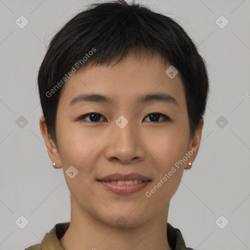 Joyful asian young-adult female with short  brown hair and brown eyes