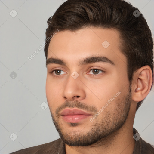 Neutral white young-adult male with short  brown hair and brown eyes