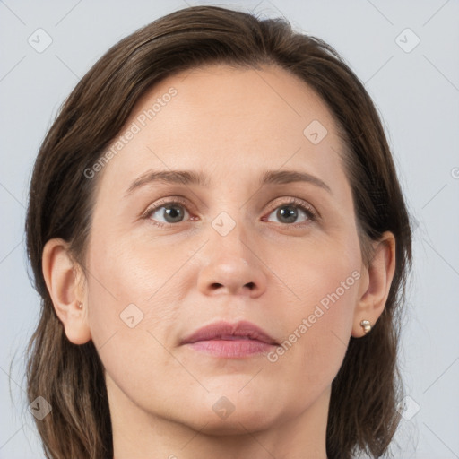 Neutral white young-adult female with medium  brown hair and grey eyes