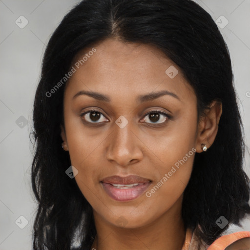 Joyful asian young-adult female with long  brown hair and brown eyes