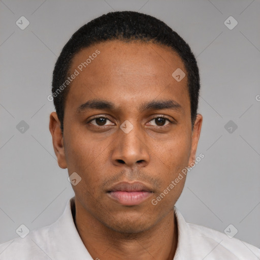 Neutral black young-adult male with short  black hair and brown eyes