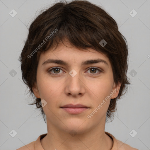 Neutral white young-adult female with medium  brown hair and brown eyes