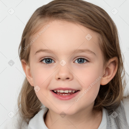 Joyful white child female with medium  brown hair and brown eyes