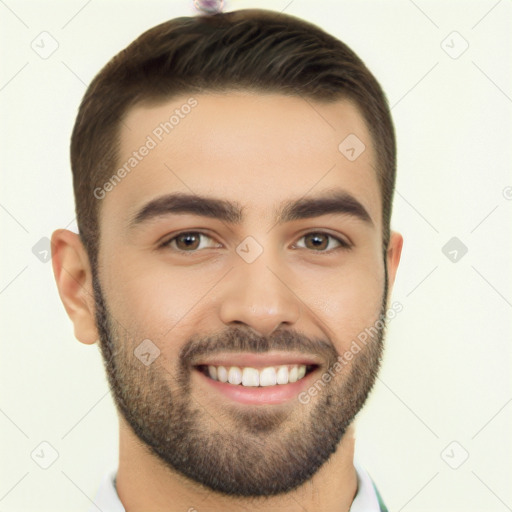 Joyful white young-adult male with short  brown hair and brown eyes