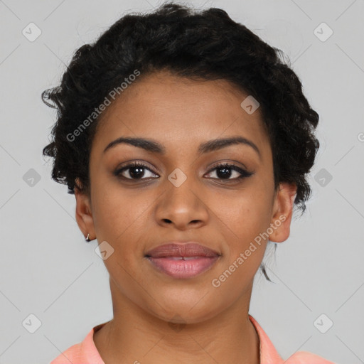 Joyful latino young-adult female with short  black hair and brown eyes