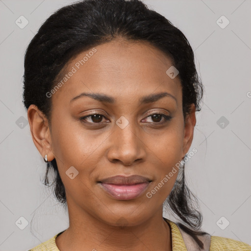 Joyful latino young-adult female with medium  black hair and brown eyes