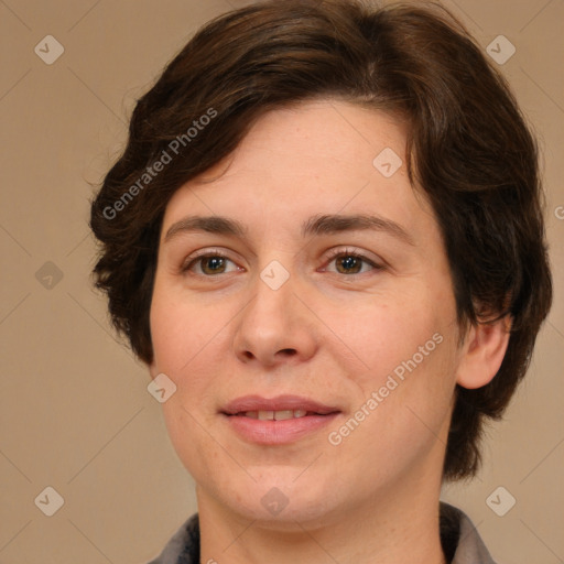 Joyful white young-adult female with medium  brown hair and green eyes